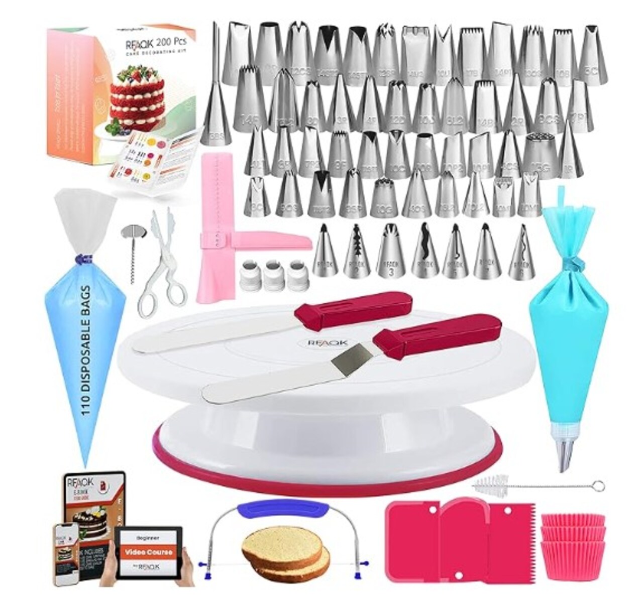 Turntable with 48 Numbered Piping and 7 Korean Tips (Pattern Chart Included) Cake Decorating Supplies Kit for Beginners